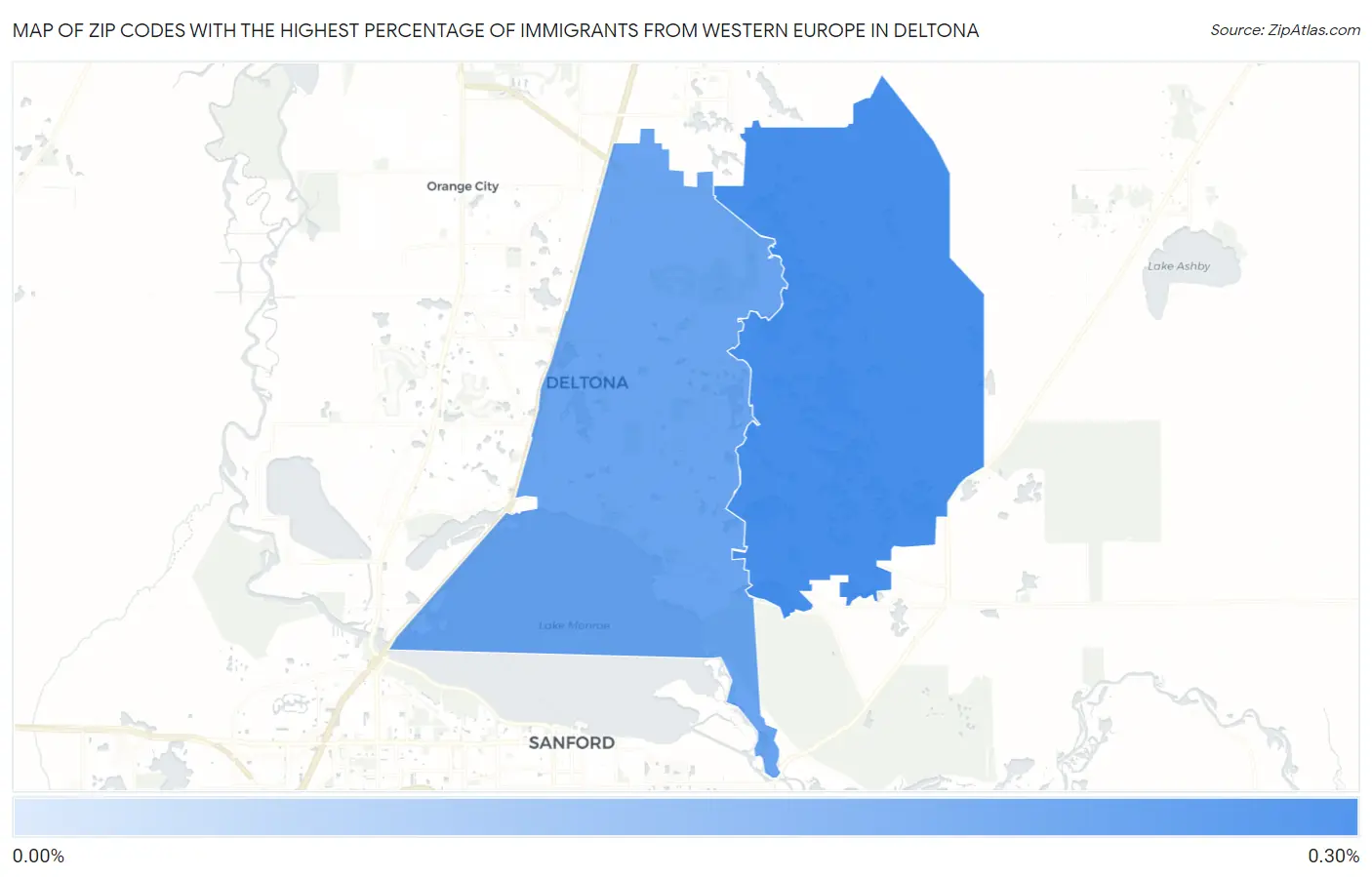 Zip Codes with the Highest Percentage of Immigrants from Western Europe in Deltona Map