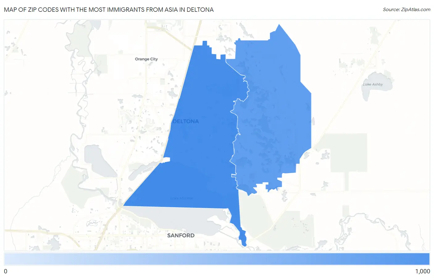 Zip Codes with the Most Immigrants from Asia in Deltona Map