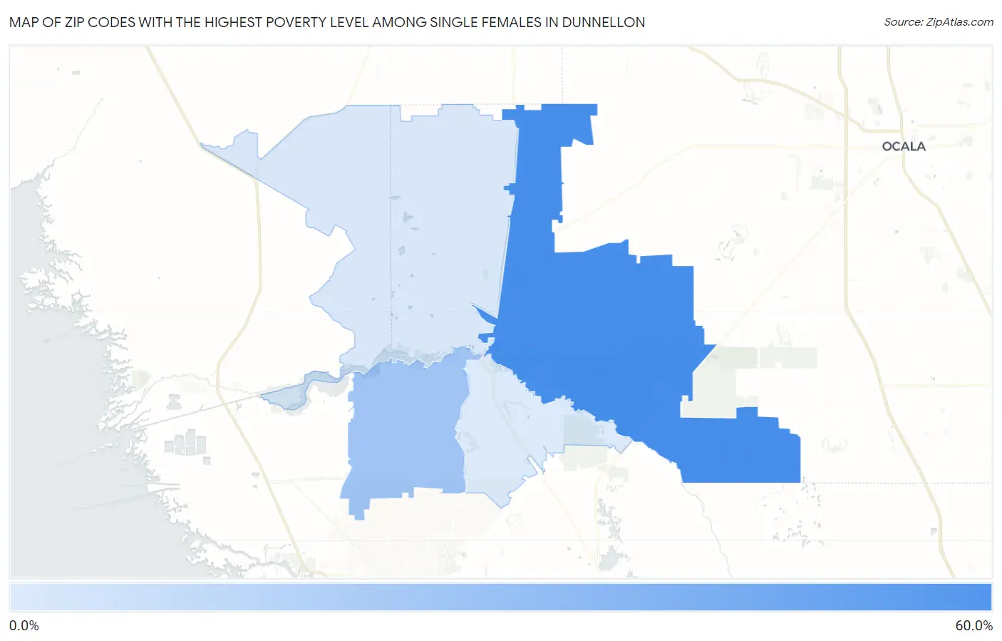 Zip Codes with the Highest Poverty Level Among Single Females in Dunnellon Map