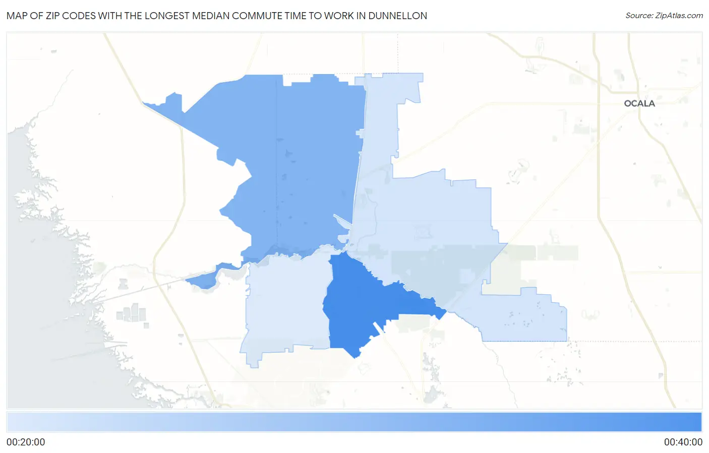 Zip Codes with the Longest Median Commute Time to Work in Dunnellon Map