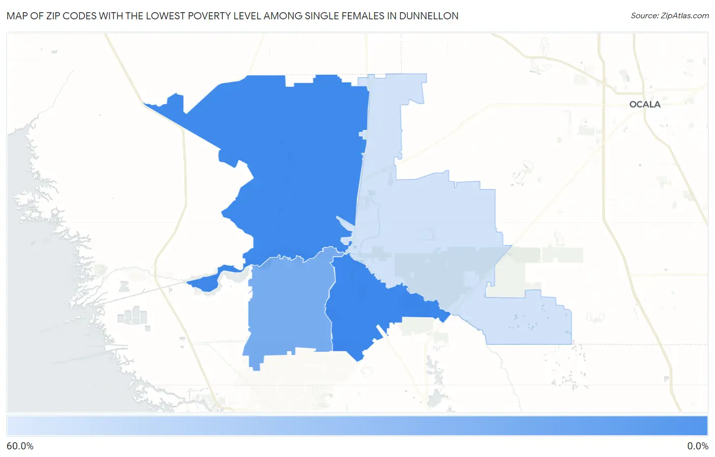 Zip Codes with the Lowest Poverty Level Among Single Females in Dunnellon Map