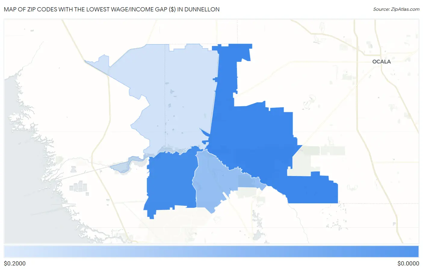 Zip Codes with the Lowest Wage/Income Gap ($) in Dunnellon Map