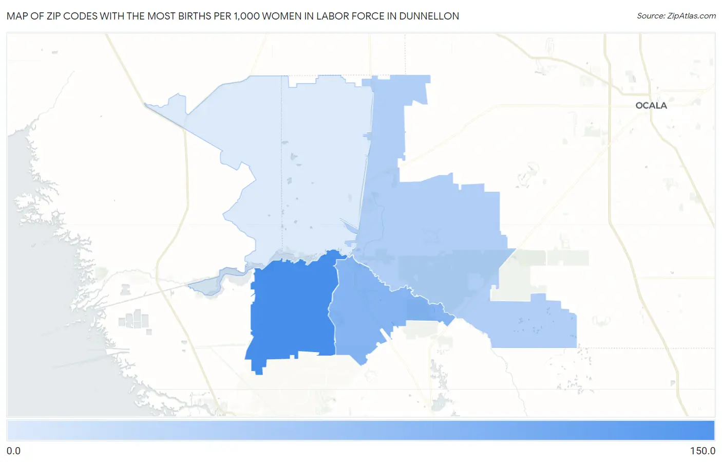 Zip Codes with the Most Births per 1,000 Women in Labor Force in Dunnellon Map