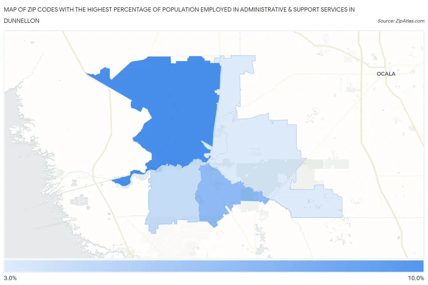 Zip Codes with the Highest Percentage of Population Employed in Administrative & Support Services in Dunnellon Map