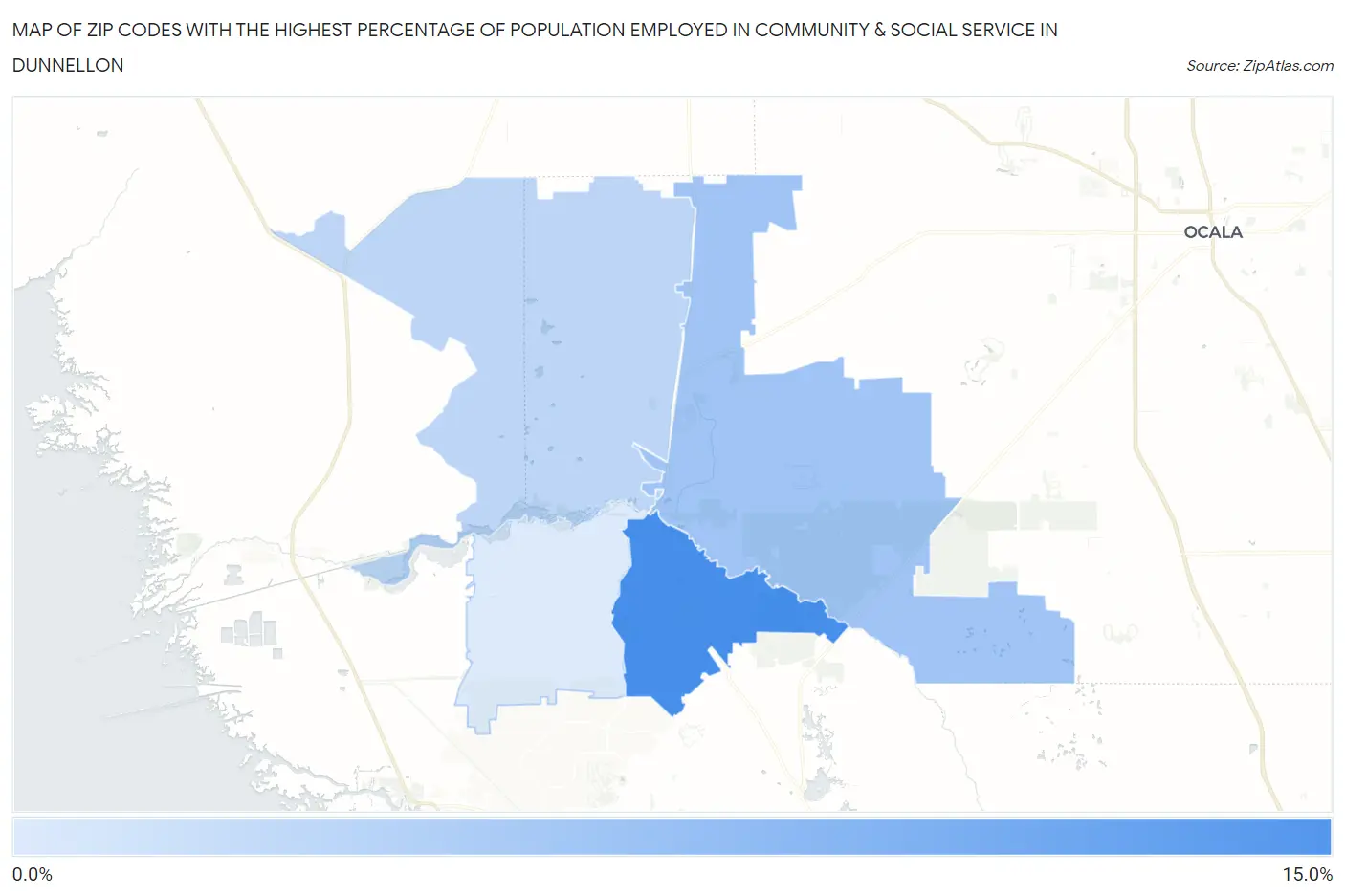 Zip Codes with the Highest Percentage of Population Employed in Community & Social Service  in Dunnellon Map