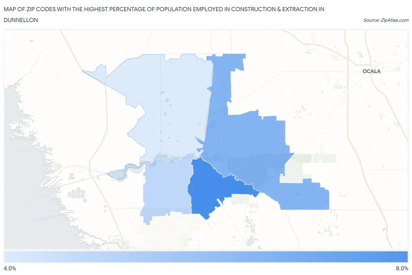 Zip Codes with the Highest Percentage of Population Employed in Construction & Extraction in Dunnellon Map