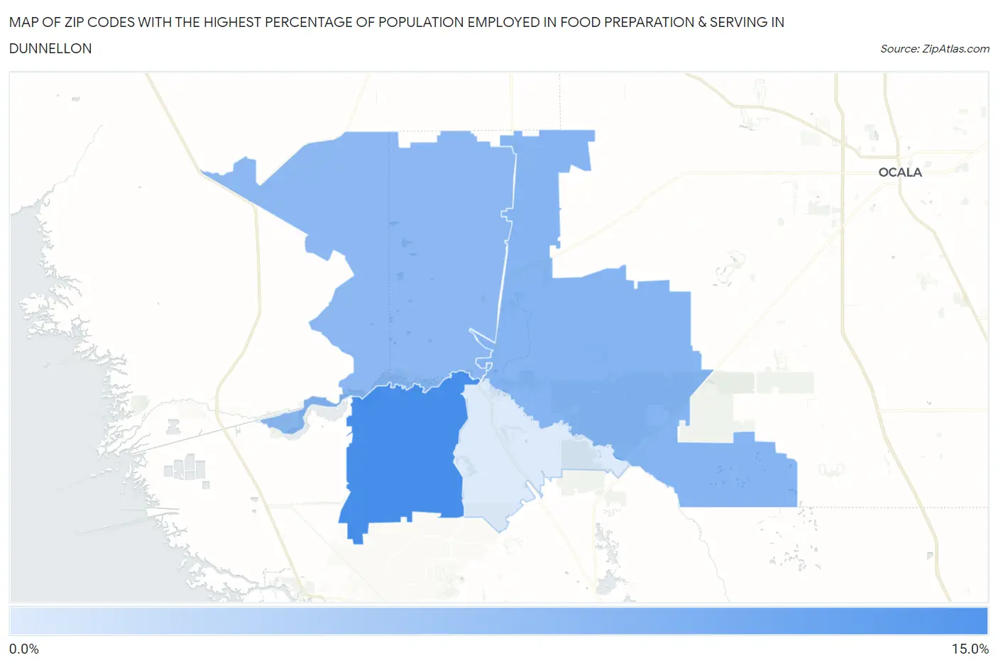 Zip Codes with the Highest Percentage of Population Employed in Food Preparation & Serving in Dunnellon Map