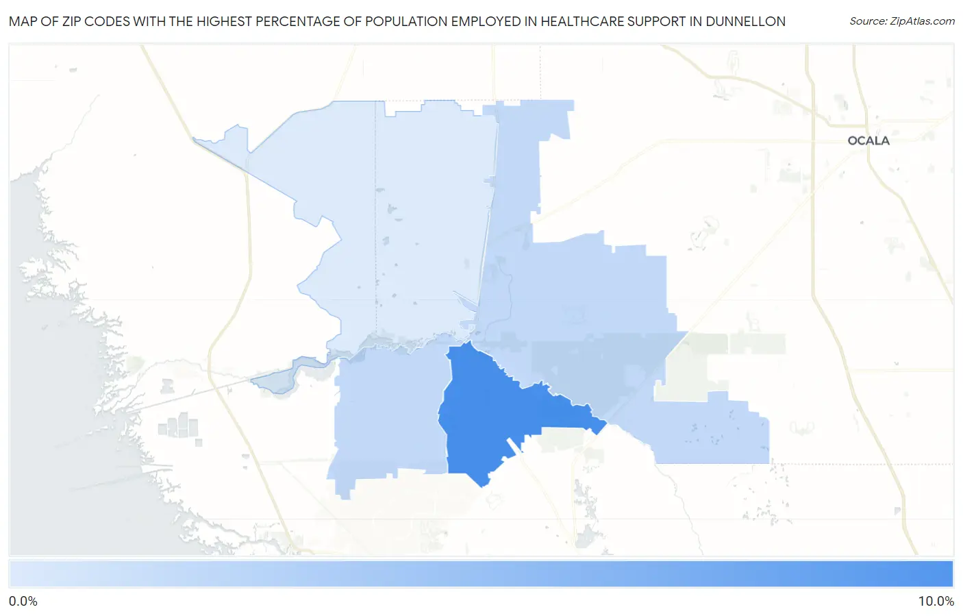 Zip Codes with the Highest Percentage of Population Employed in Healthcare Support in Dunnellon Map