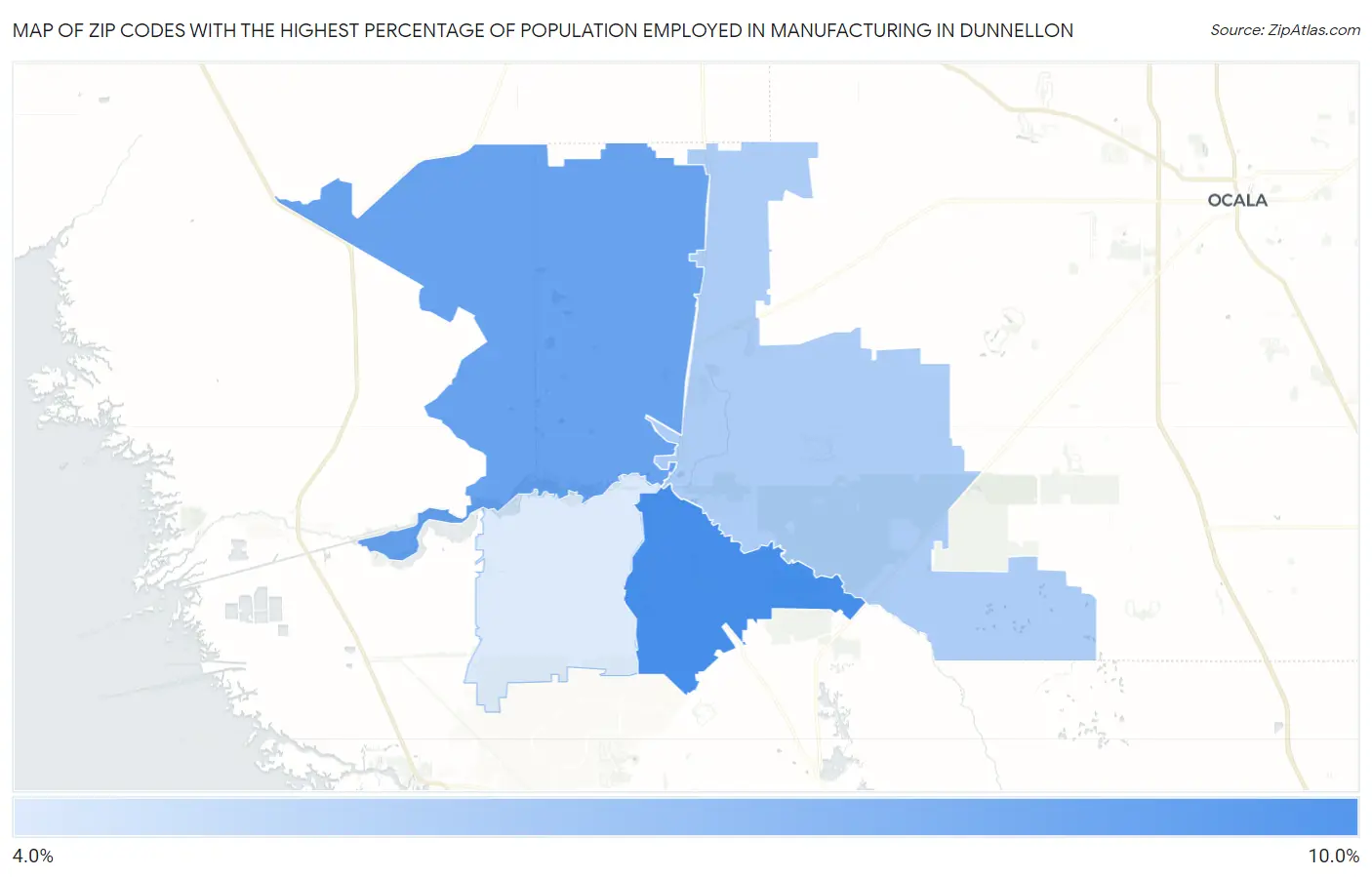 Zip Codes with the Highest Percentage of Population Employed in Manufacturing in Dunnellon Map