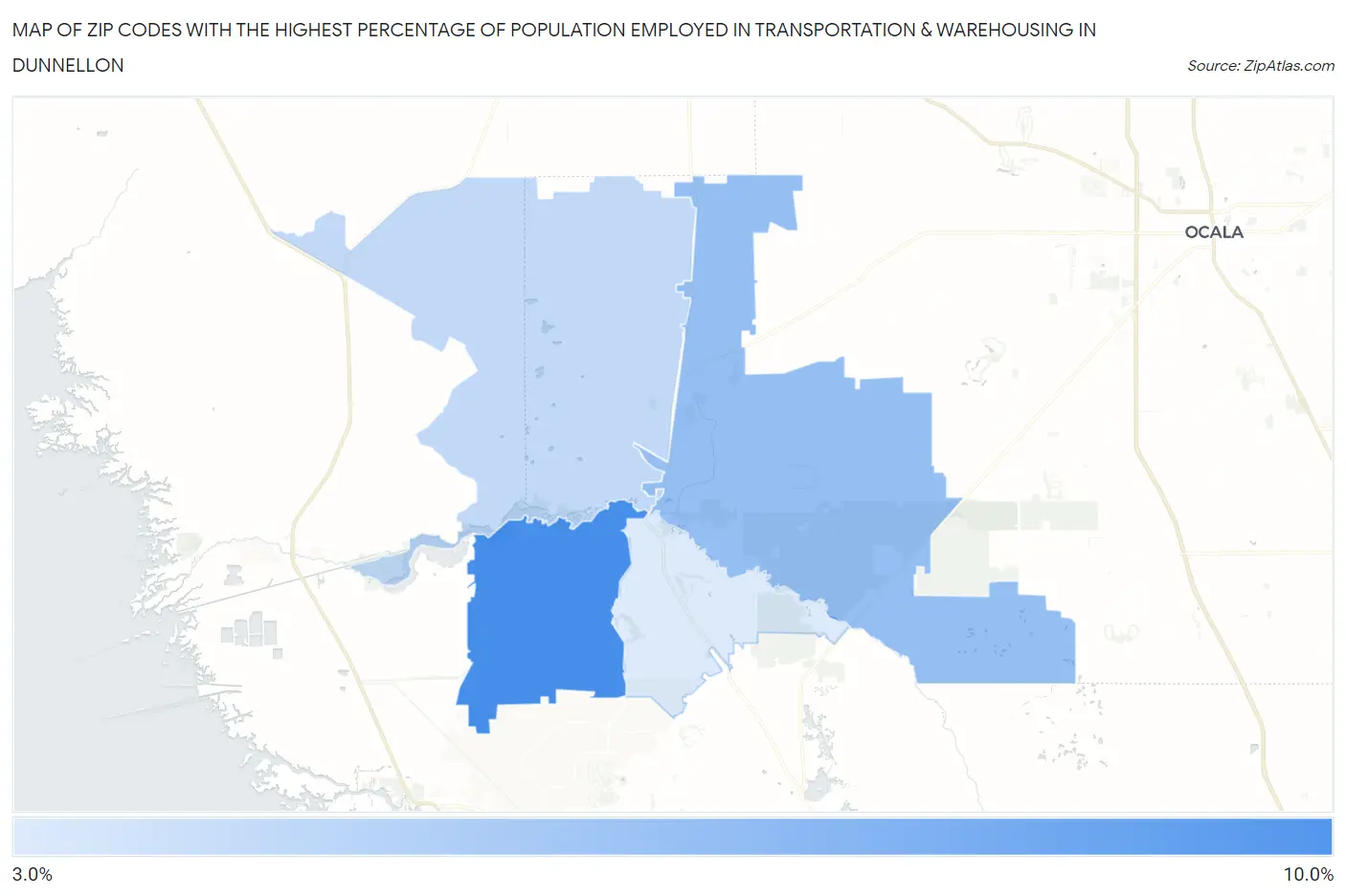 Zip Codes with the Highest Percentage of Population Employed in Transportation & Warehousing in Dunnellon Map