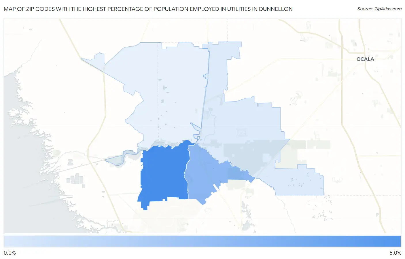 Zip Codes with the Highest Percentage of Population Employed in Utilities in Dunnellon Map