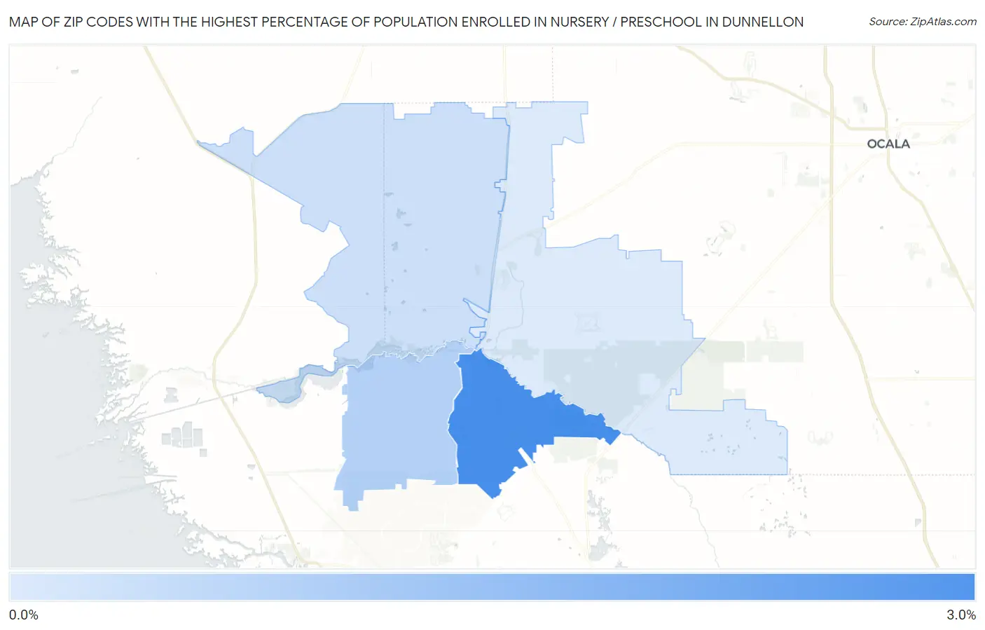 Zip Codes with the Highest Percentage of Population Enrolled in Nursery / Preschool in Dunnellon Map