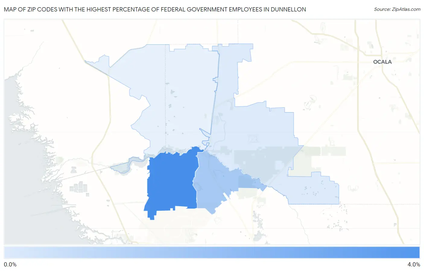 Zip Codes with the Highest Percentage of Federal Government Employees in Dunnellon Map