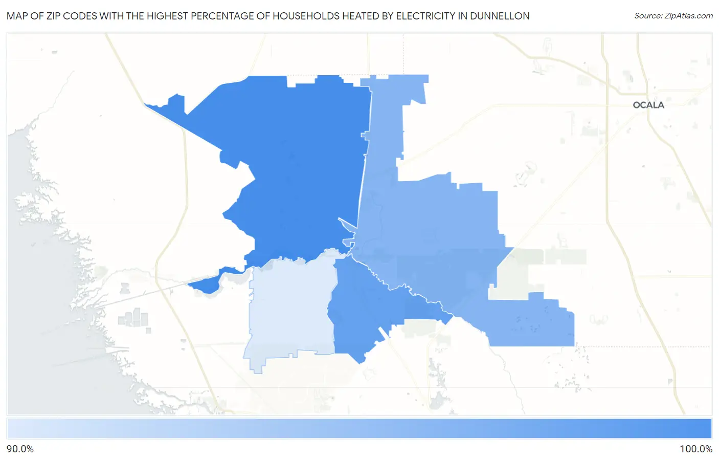 Zip Codes with the Highest Percentage of Households Heated by Electricity in Dunnellon Map