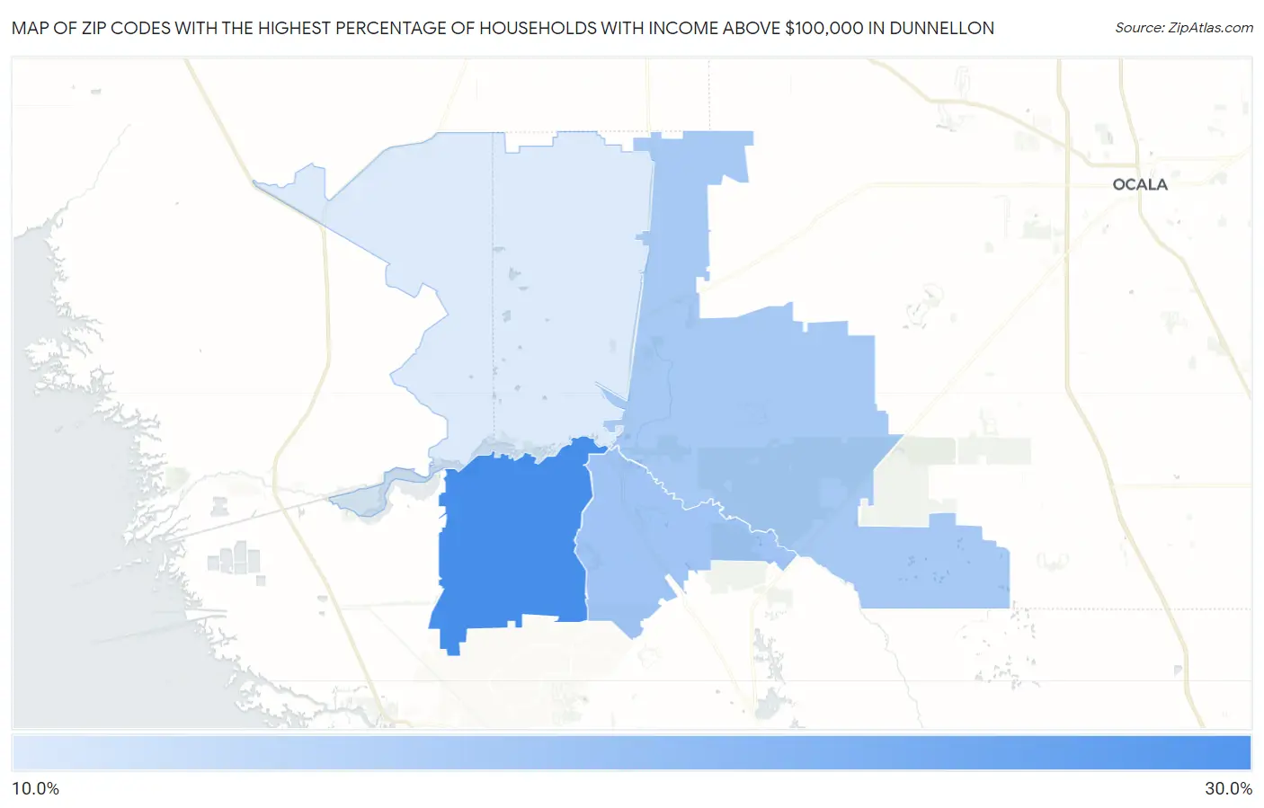 Zip Codes with the Highest Percentage of Households with Income Above $100,000 in Dunnellon Map