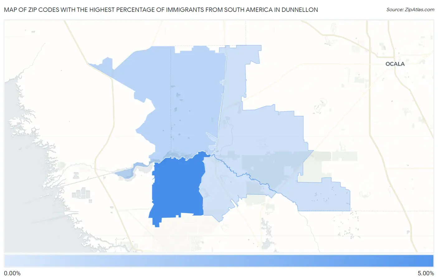 Zip Codes with the Highest Percentage of Immigrants from South America in Dunnellon Map