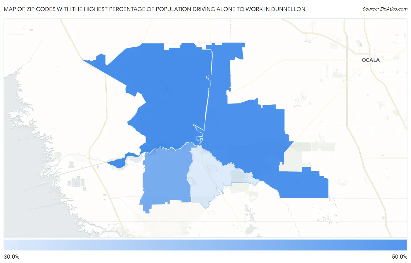 Zip Codes with the Highest Percentage of Population Driving Alone to Work in Dunnellon Map