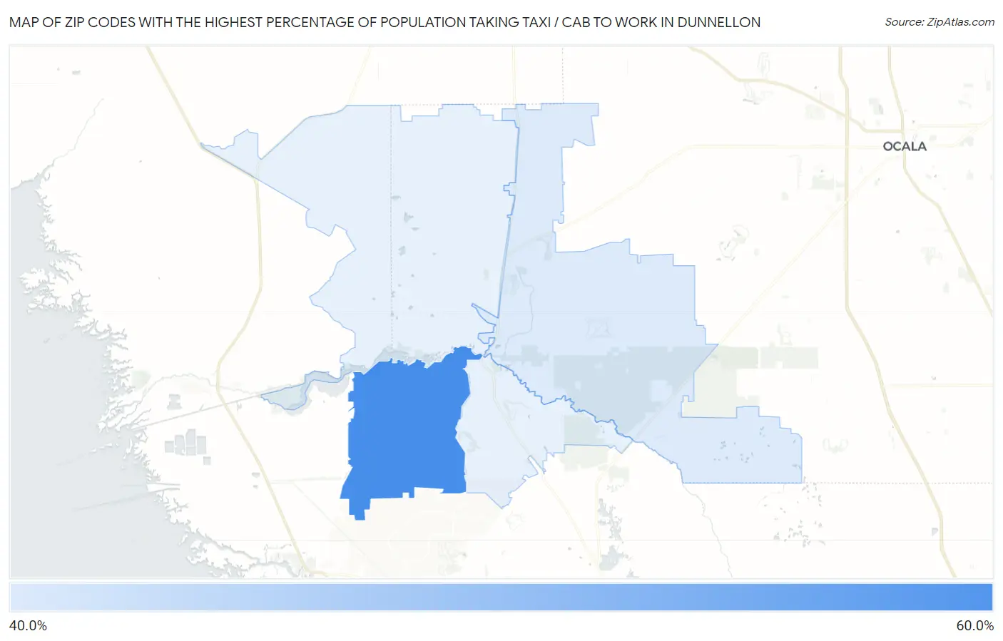 Zip Codes with the Highest Percentage of Population Taking Taxi / Cab to Work in Dunnellon Map