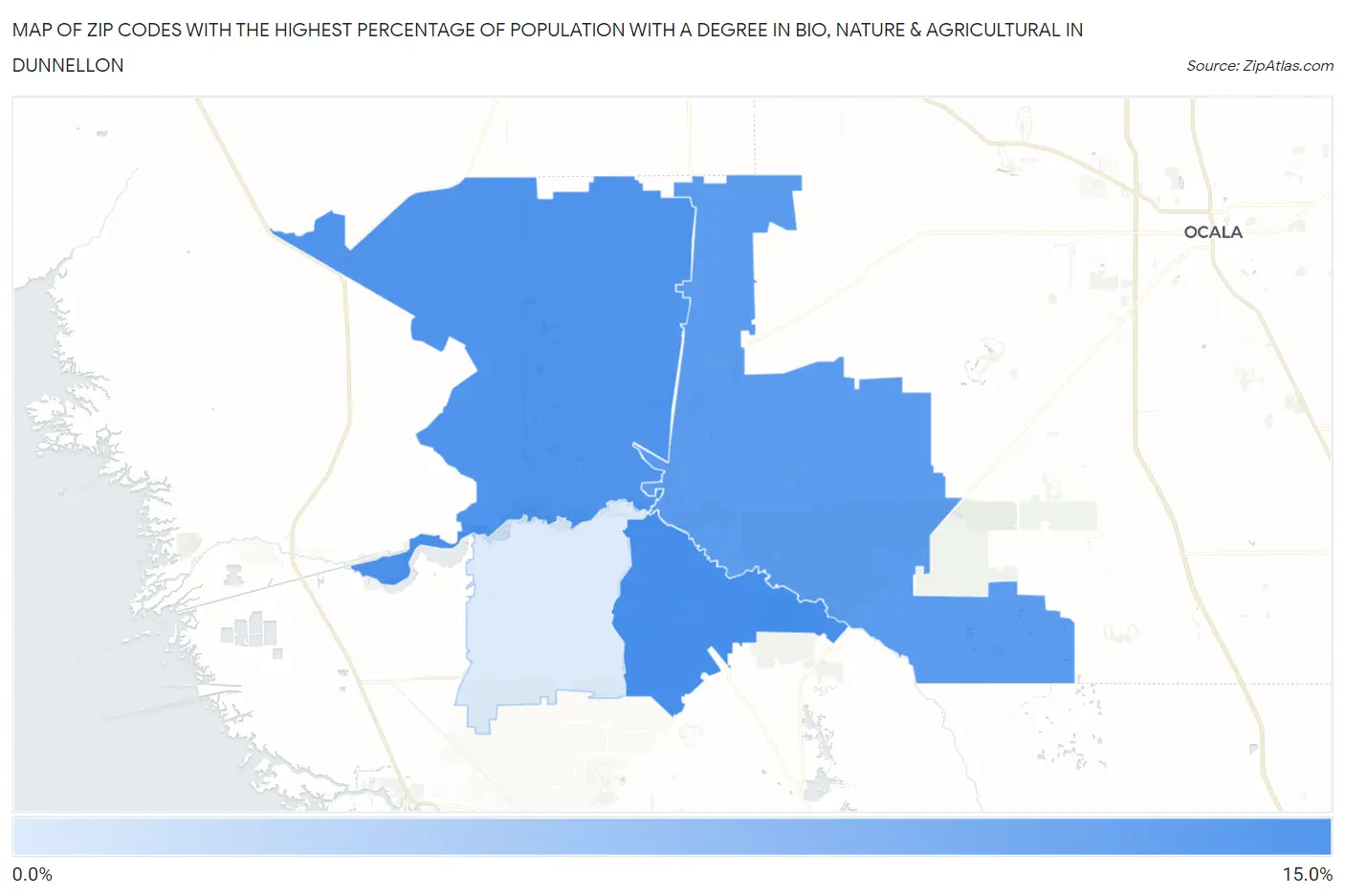 Zip Codes with the Highest Percentage of Population with a Degree in Bio, Nature & Agricultural in Dunnellon Map