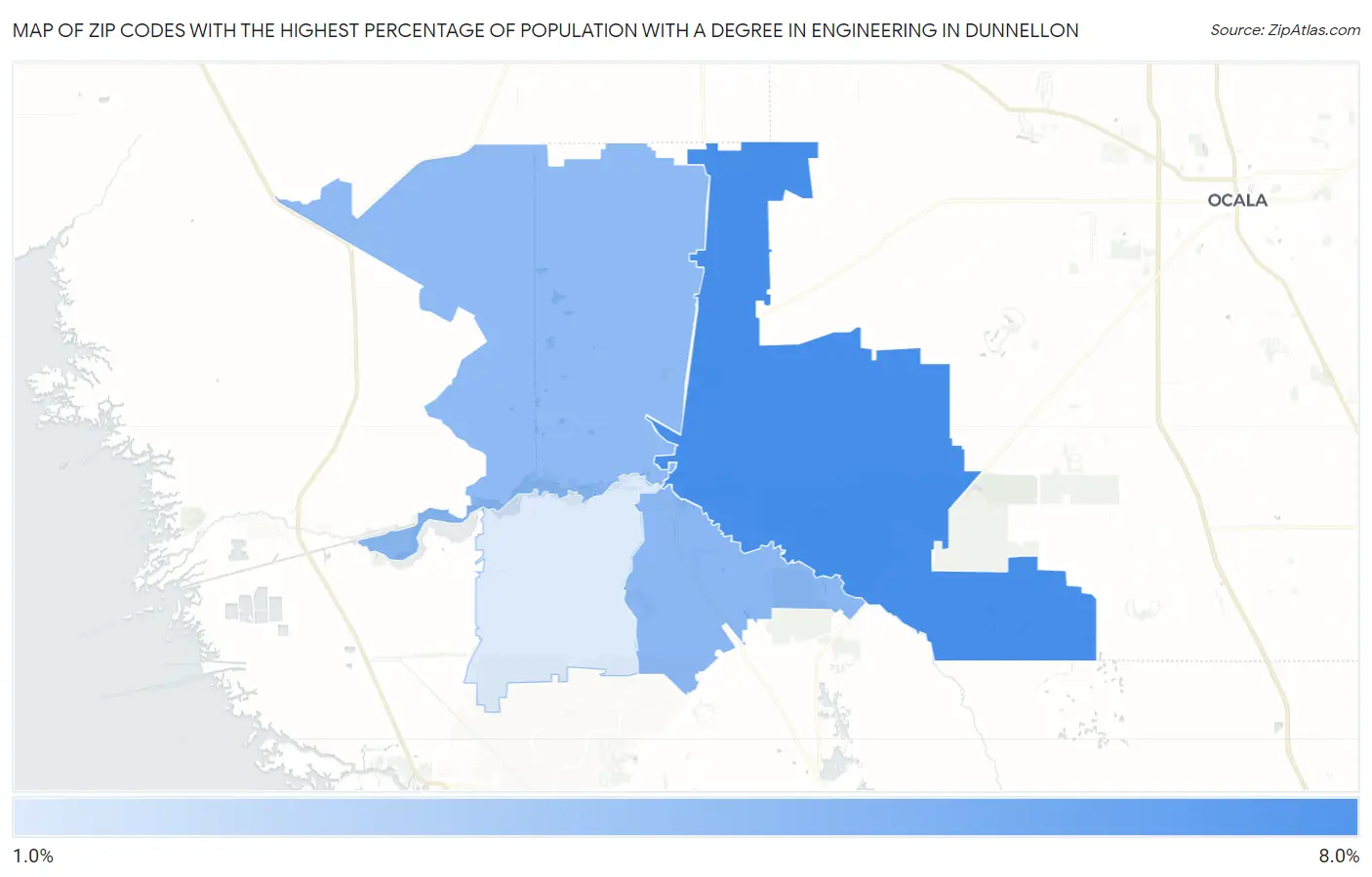 Zip Codes with the Highest Percentage of Population with a Degree in Engineering in Dunnellon Map