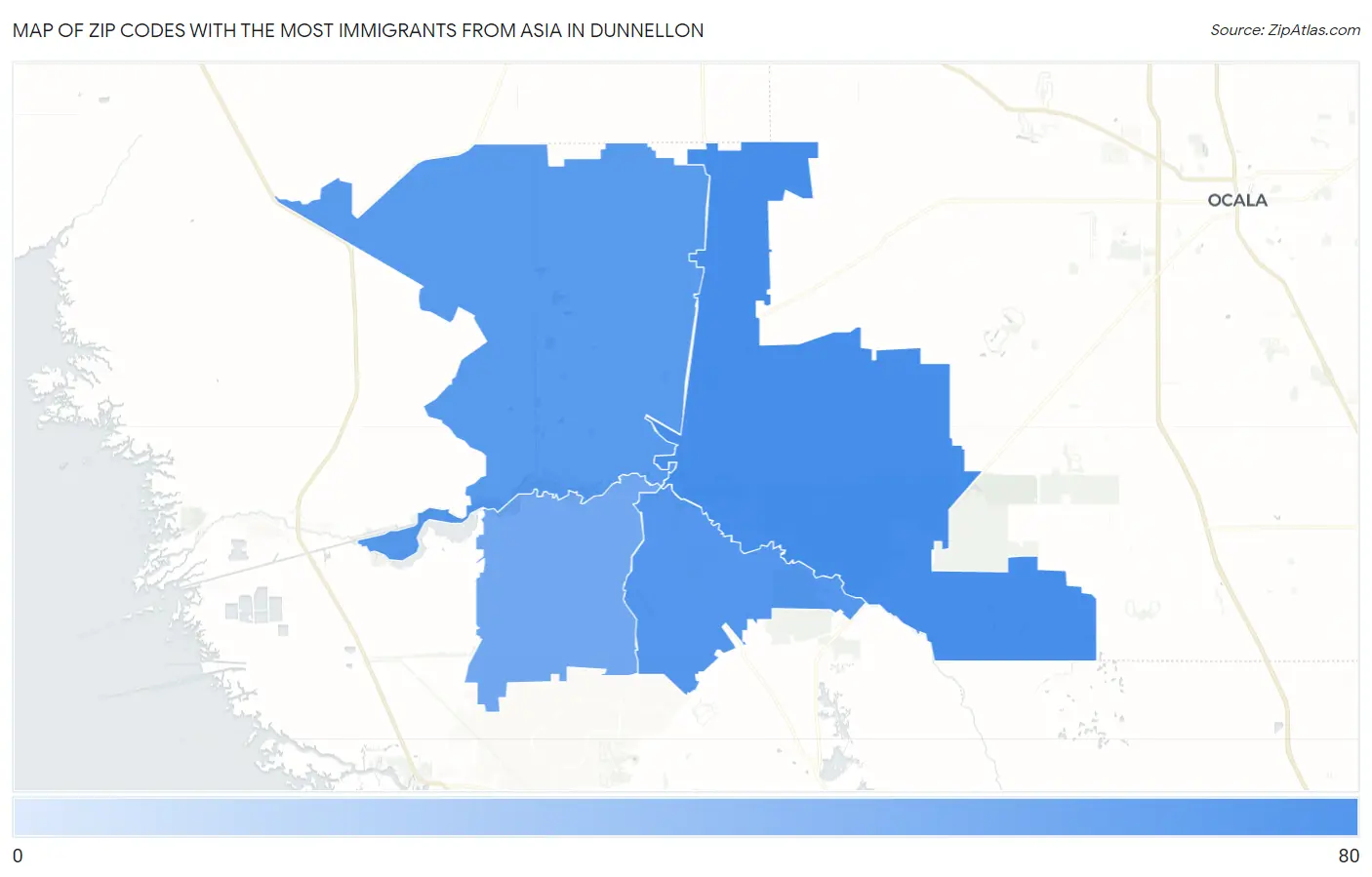 Zip Codes with the Most Immigrants from Asia in Dunnellon Map