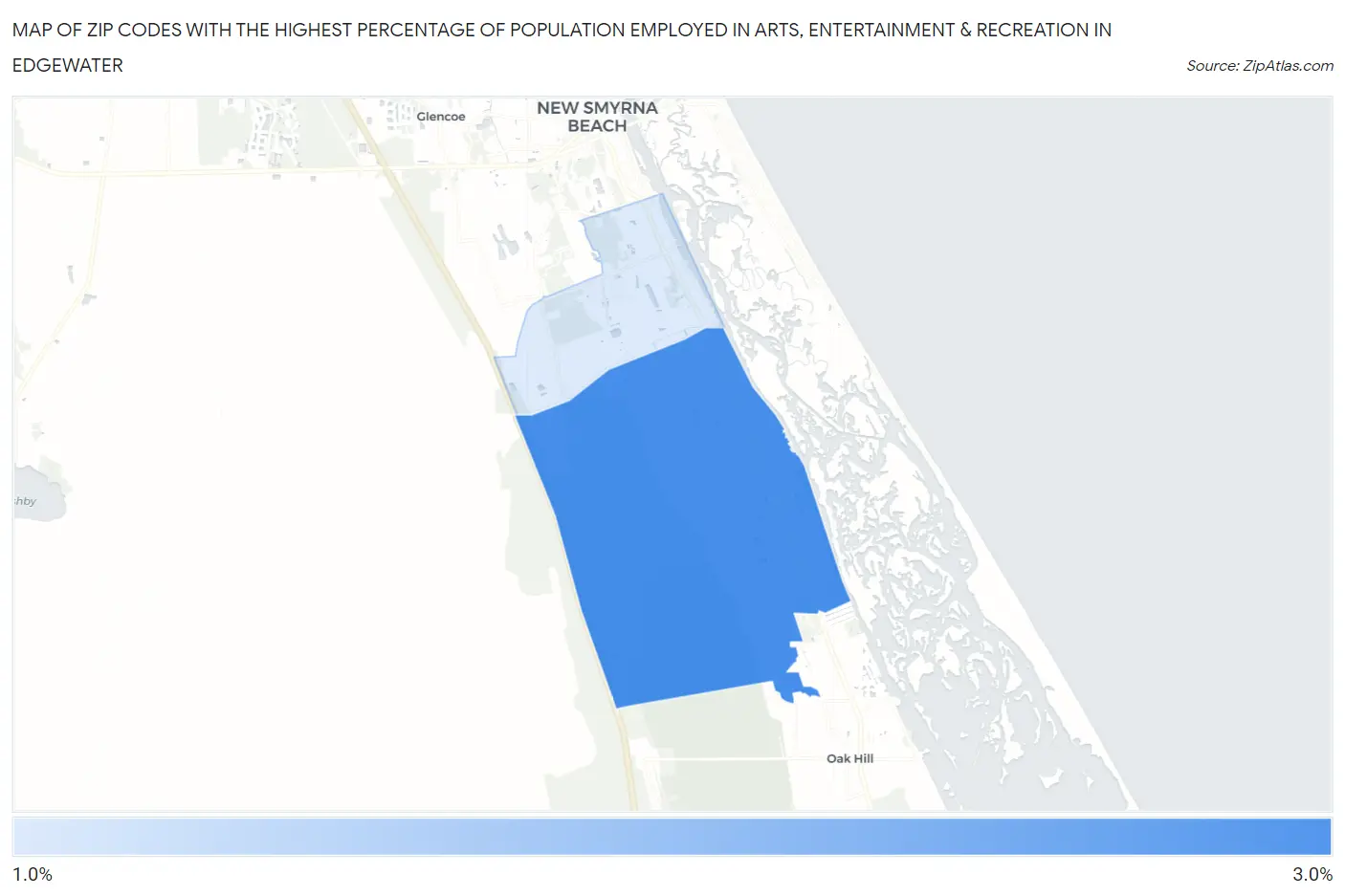Zip Codes with the Highest Percentage of Population Employed in Arts, Entertainment & Recreation in Edgewater Map