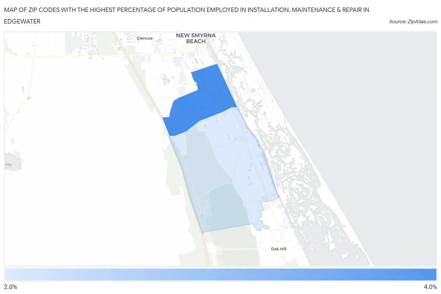 Zip Codes with the Highest Percentage of Population Employed in Installation, Maintenance & Repair in Edgewater Map
