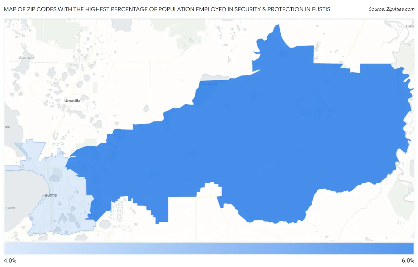 Zip Codes with the Highest Percentage of Population Employed in Security & Protection in Eustis Map