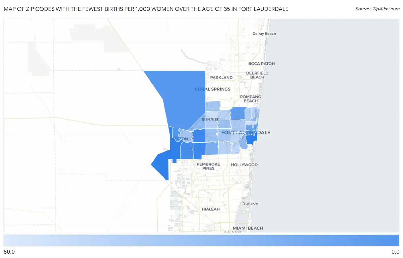 Zip Codes with the Fewest Births per 1,000 Women Over the Age of 35 in Fort Lauderdale Map