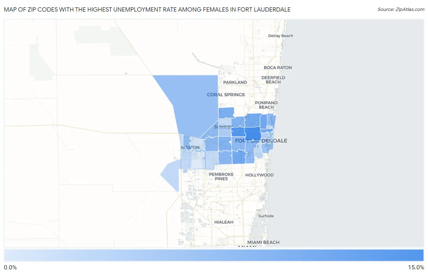 Zip Codes with the Highest Unemployment Rate Among Females in Fort Lauderdale Map