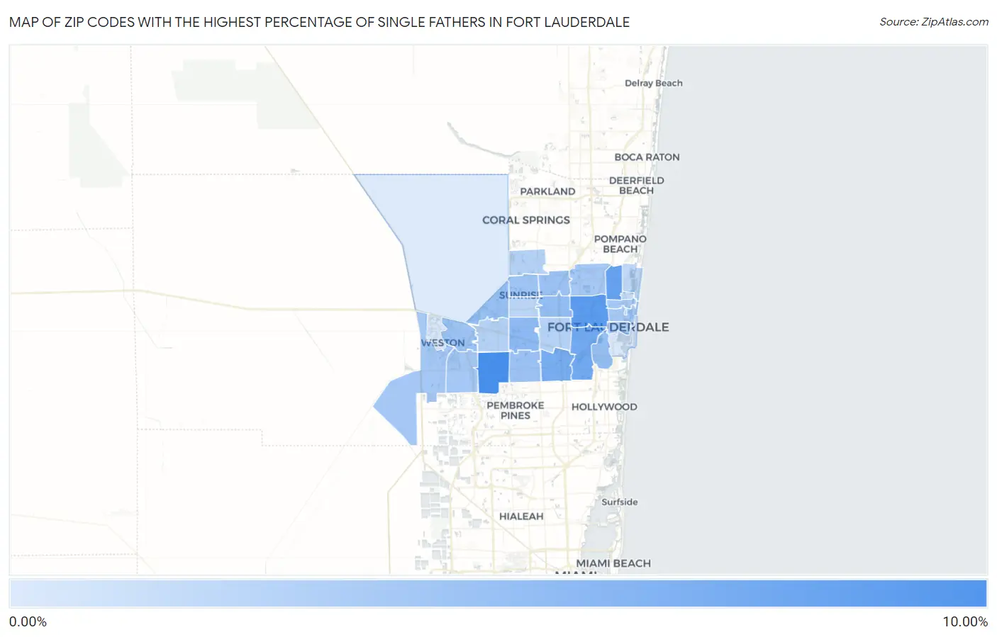 Zip Codes with the Highest Percentage of Single Fathers in Fort Lauderdale Map