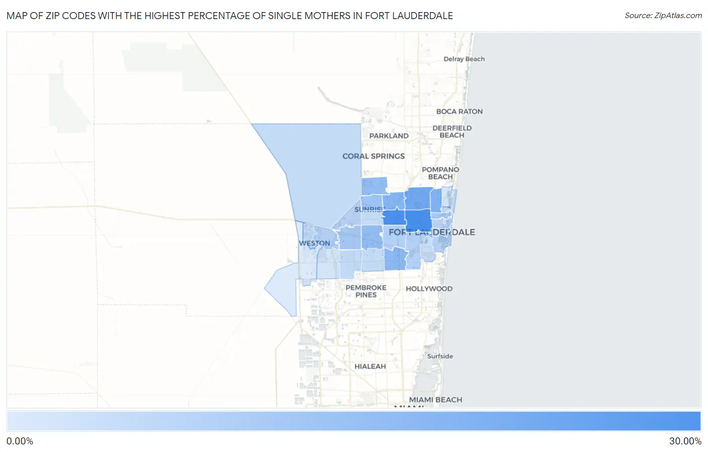 Zip Codes with the Highest Percentage of Single Mothers in Fort Lauderdale Map