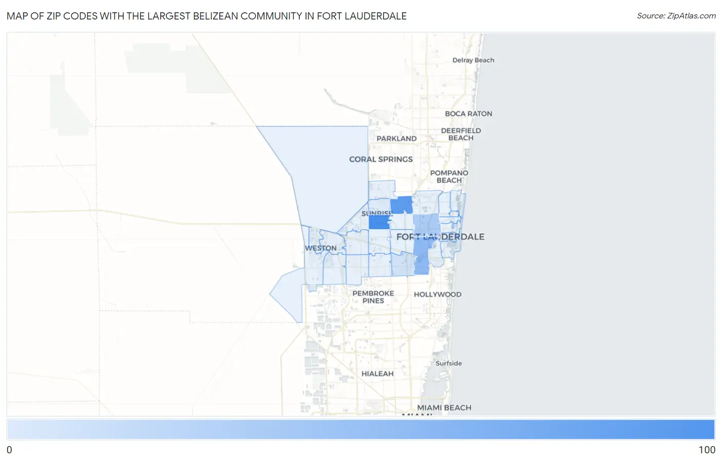 Zip Codes with the Largest Belizean Community in Fort Lauderdale Map