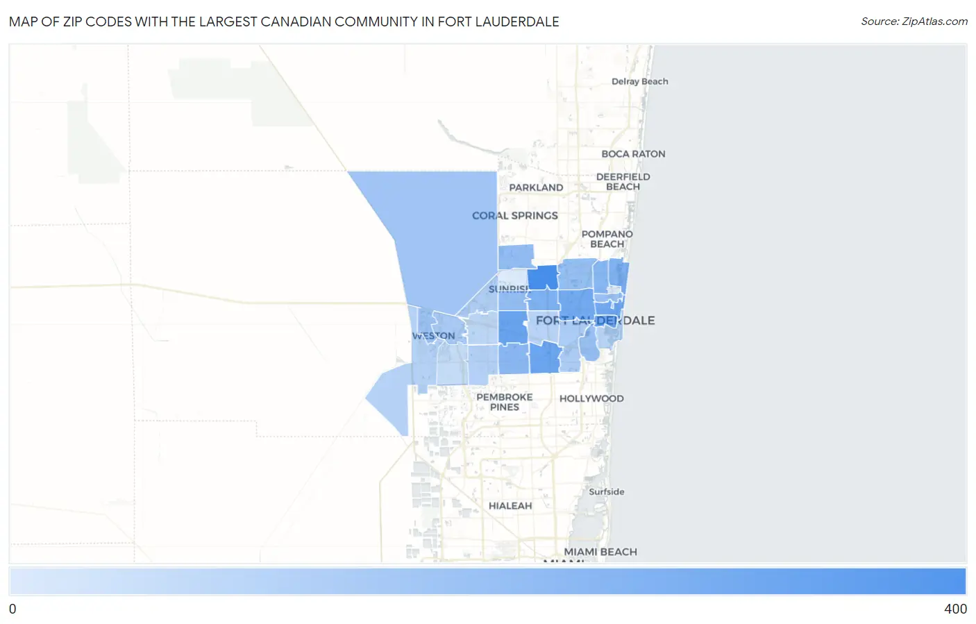 Zip Codes with the Largest Canadian Community in Fort Lauderdale Map