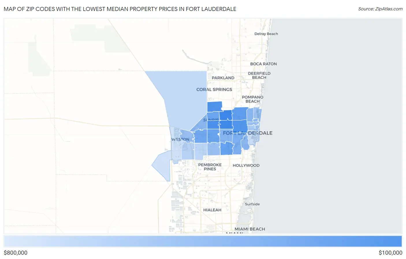 Zip Codes with the Lowest Median Property Prices in Fort Lauderdale Map