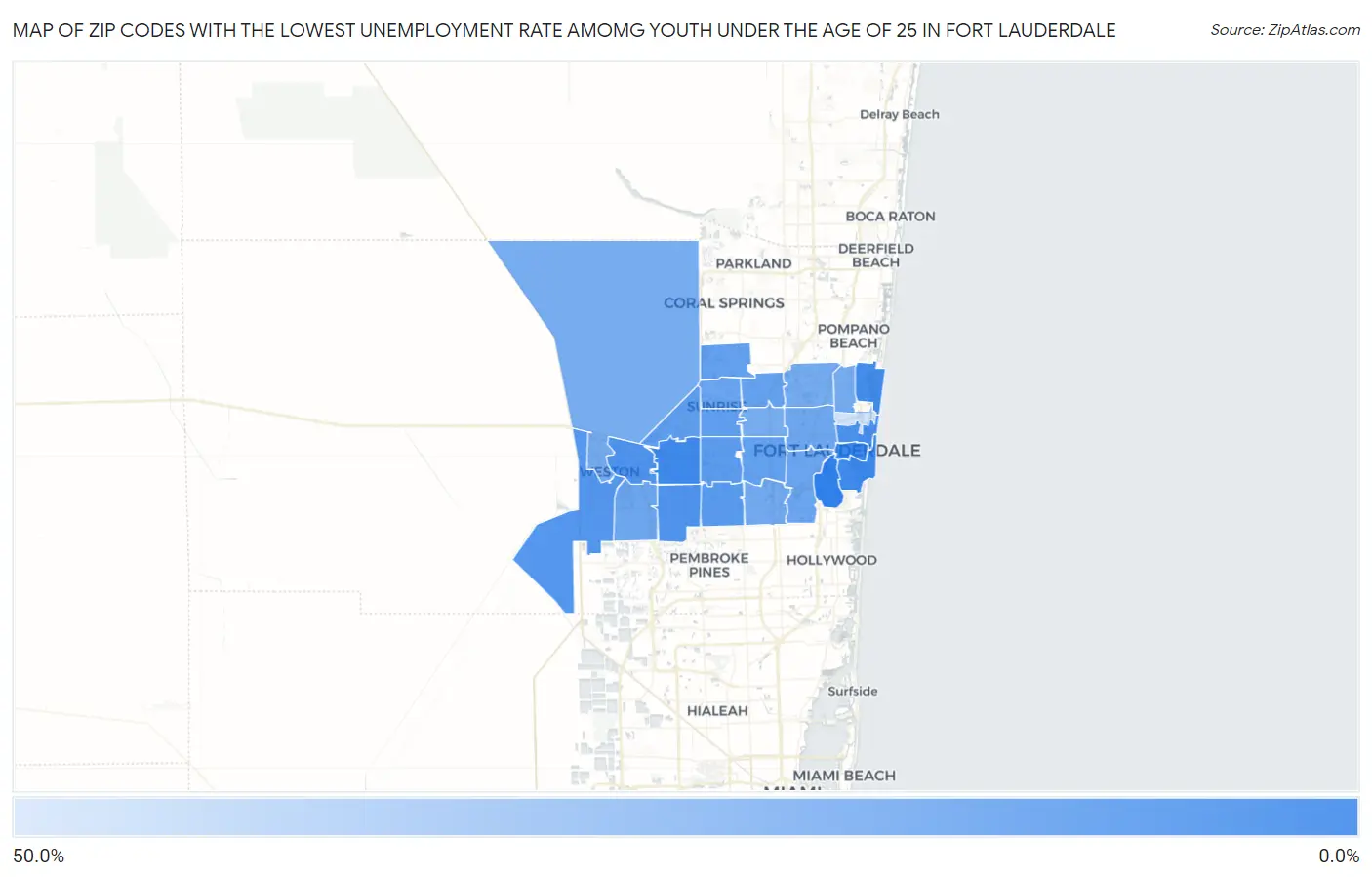 Zip Codes with the Lowest Unemployment Rate Amomg Youth Under the Age of 25 in Fort Lauderdale Map