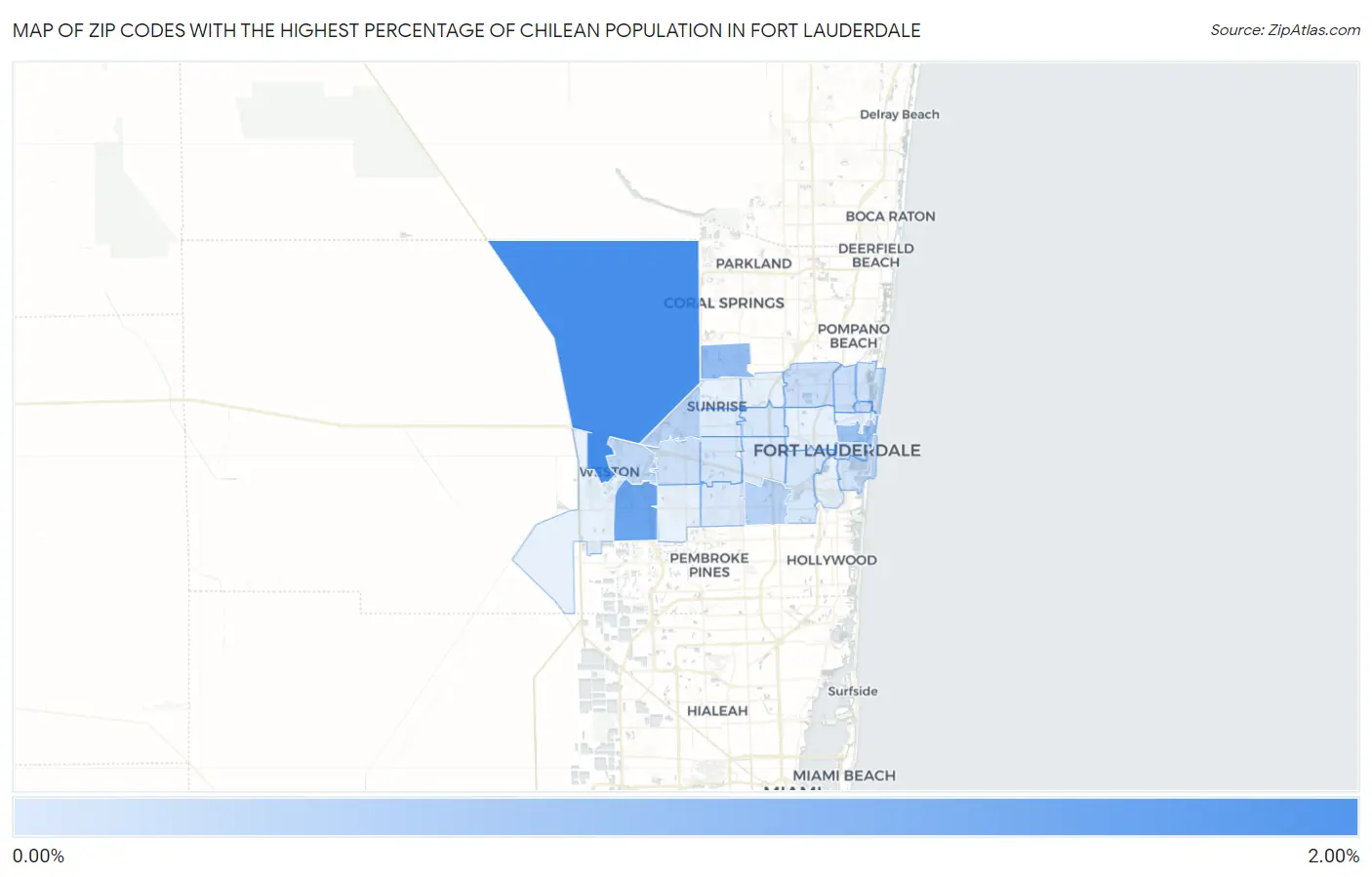 Zip Codes with the Highest Percentage of Chilean Population in Fort Lauderdale Map