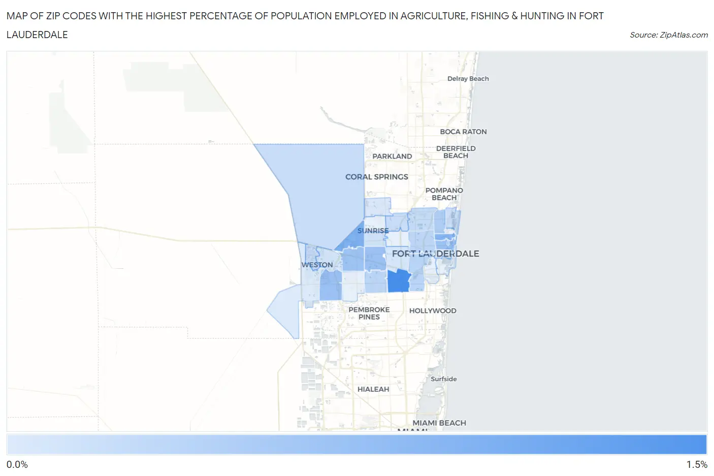 Zip Codes with the Highest Percentage of Population Employed in Agriculture, Fishing & Hunting in Fort Lauderdale Map