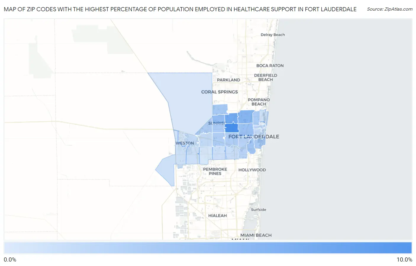 Zip Codes with the Highest Percentage of Population Employed in Healthcare Support in Fort Lauderdale Map