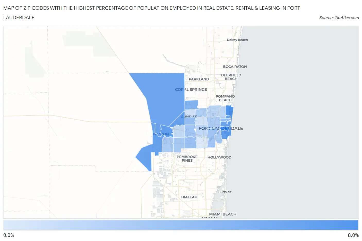 Zip Codes with the Highest Percentage of Population Employed in Real Estate, Rental & Leasing in Fort Lauderdale Map