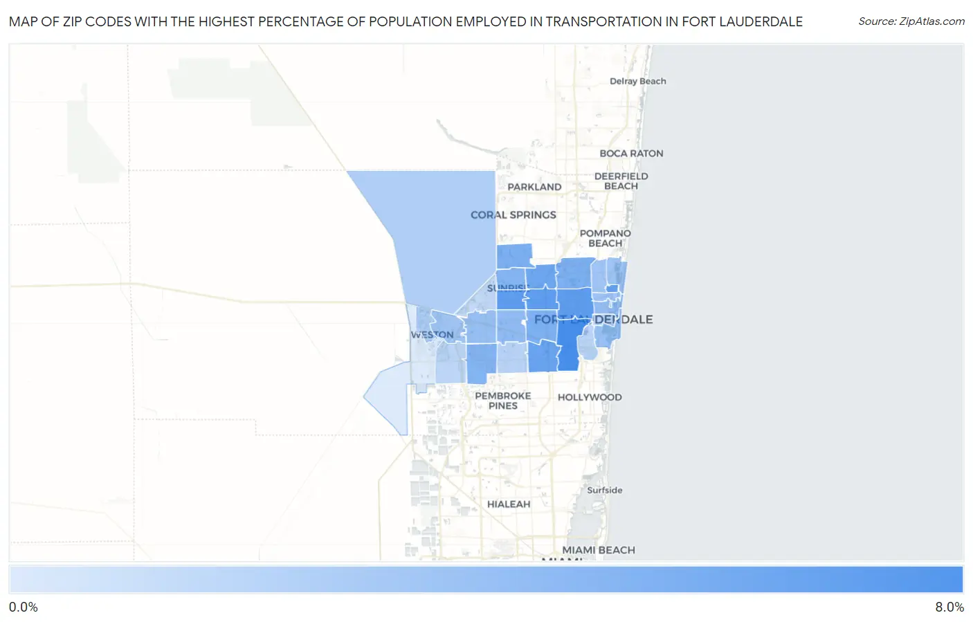 Zip Codes with the Highest Percentage of Population Employed in Transportation in Fort Lauderdale Map