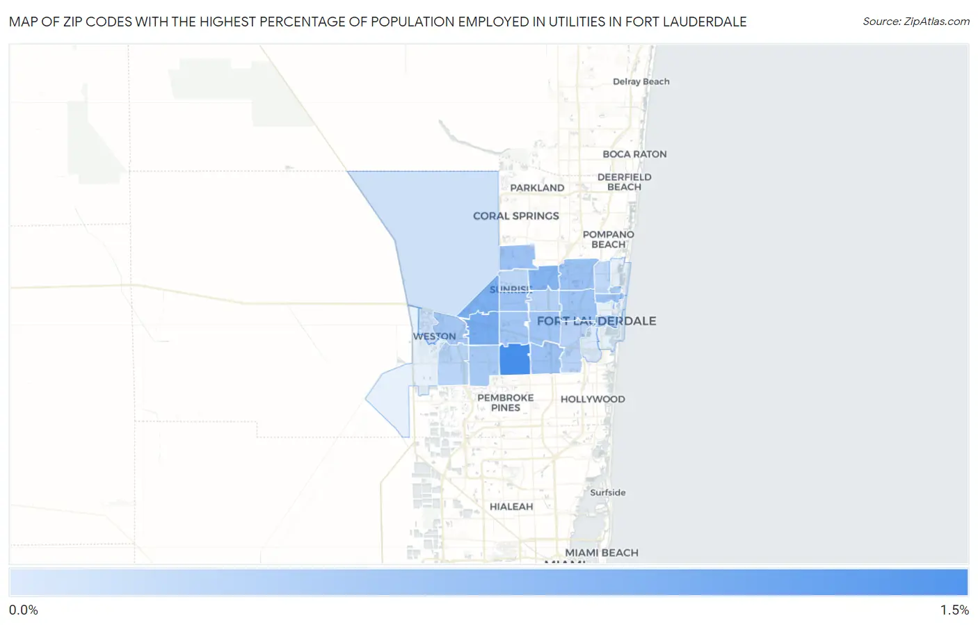 Zip Codes with the Highest Percentage of Population Employed in Utilities in Fort Lauderdale Map