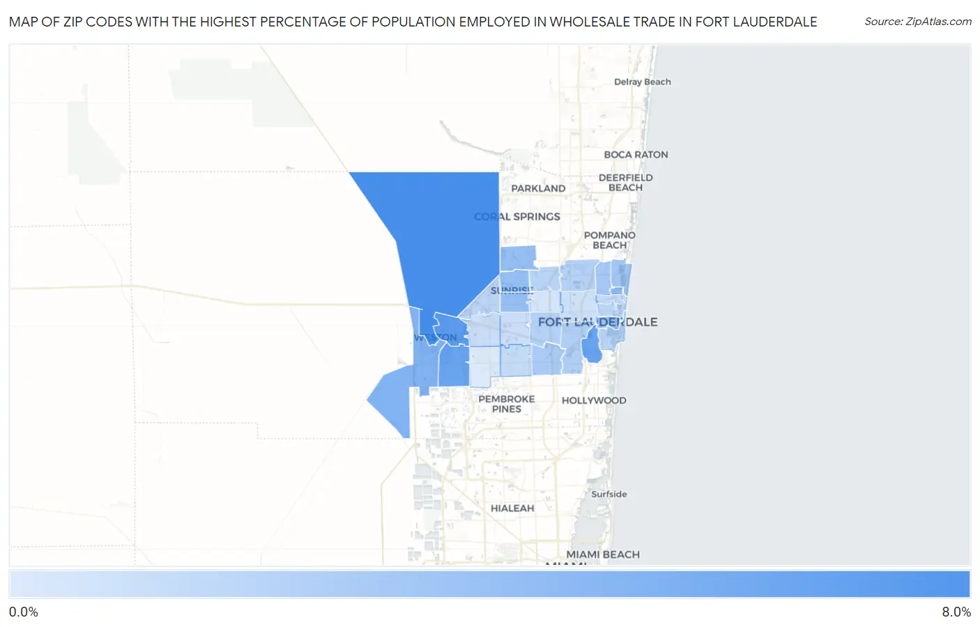 Zip Codes with the Highest Percentage of Population Employed in Wholesale Trade in Fort Lauderdale Map