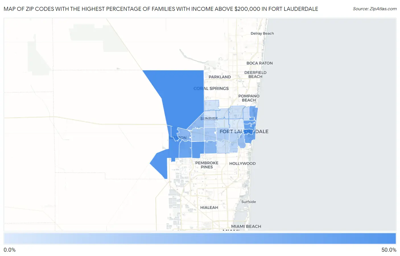 Zip Codes with the Highest Percentage of Families with Income Above $200,000 in Fort Lauderdale Map