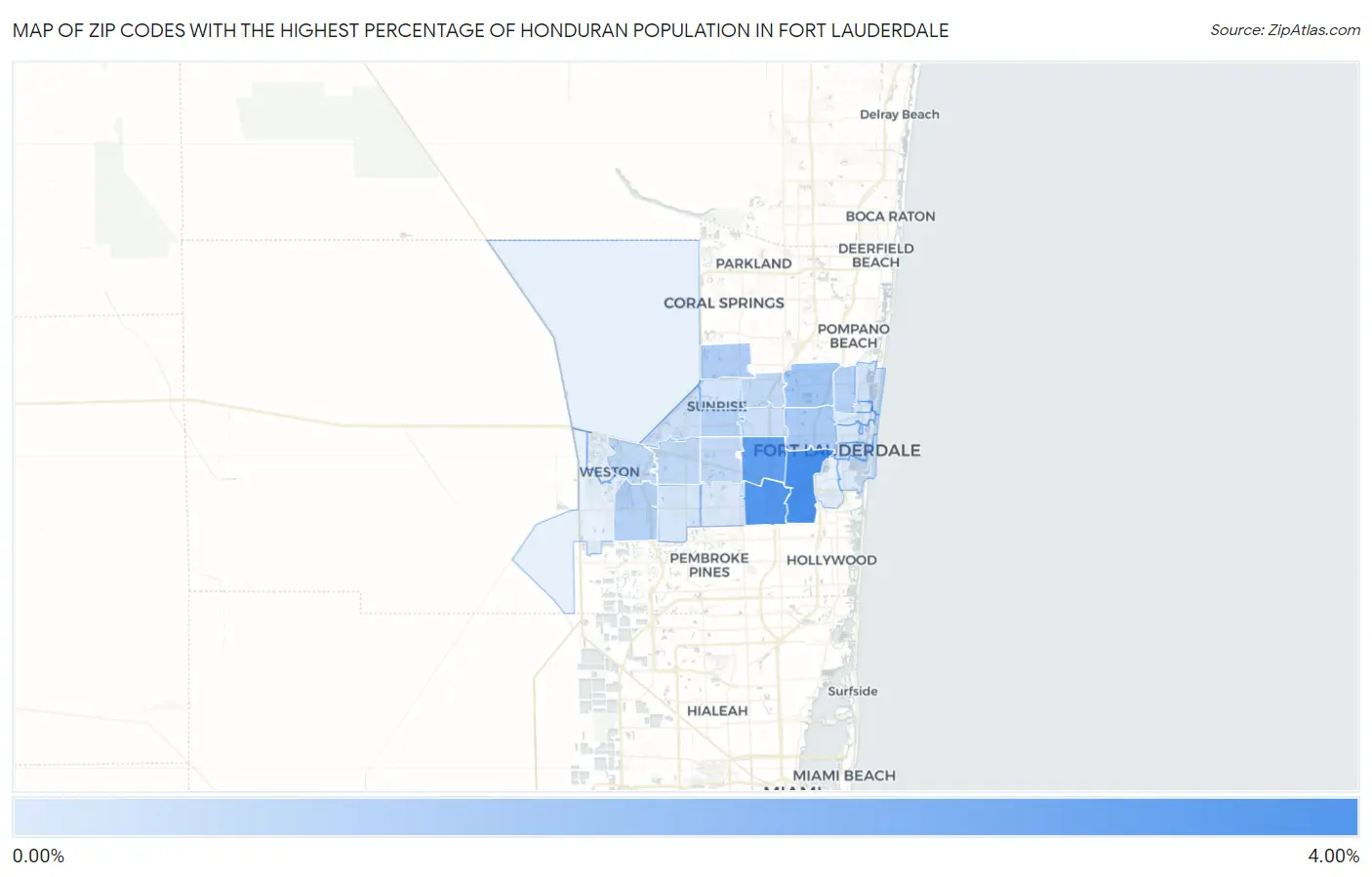 Zip Codes with the Highest Percentage of Honduran Population in Fort Lauderdale Map