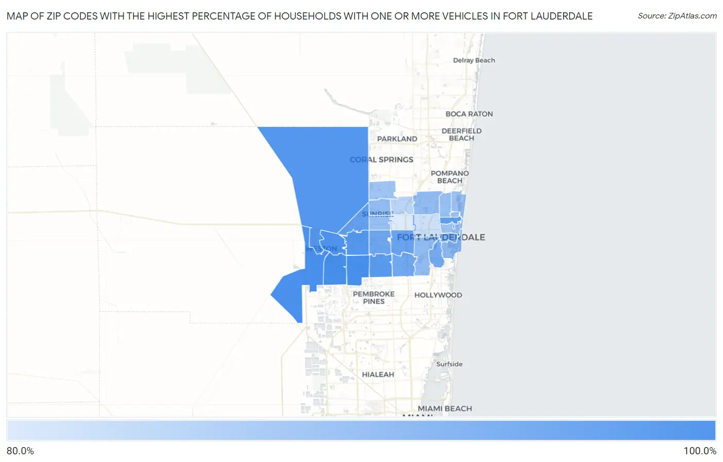 Zip Codes with the Highest Percentage of Households With One or more Vehicles in Fort Lauderdale Map