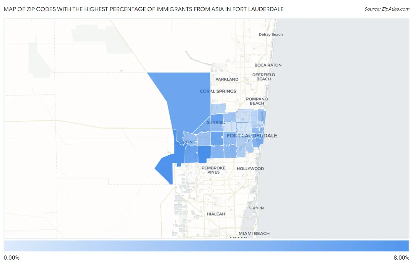 Zip Codes with the Highest Percentage of Immigrants from Asia in Fort Lauderdale Map