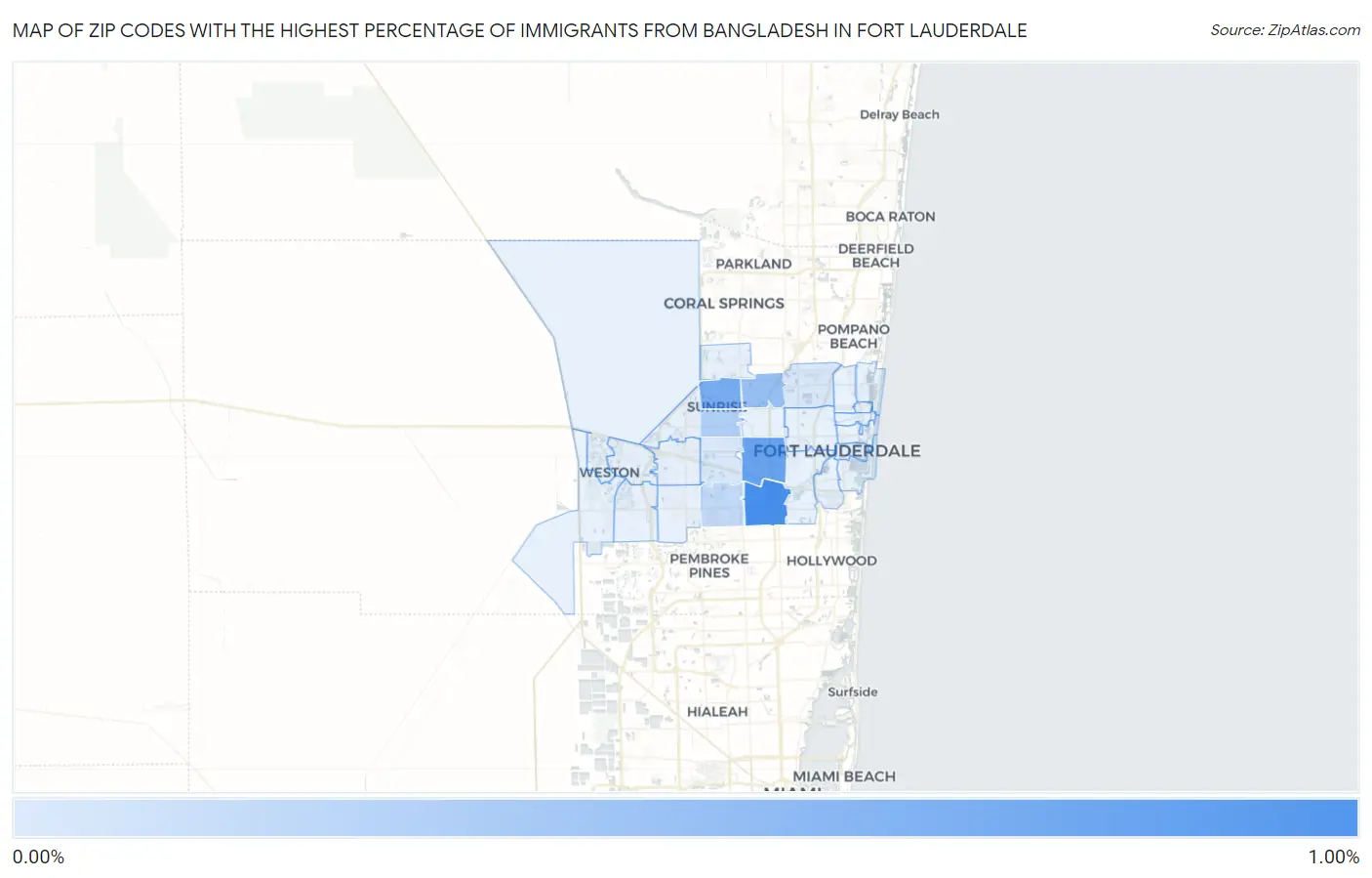 Zip Codes with the Highest Percentage of Immigrants from Bangladesh in Fort Lauderdale Map