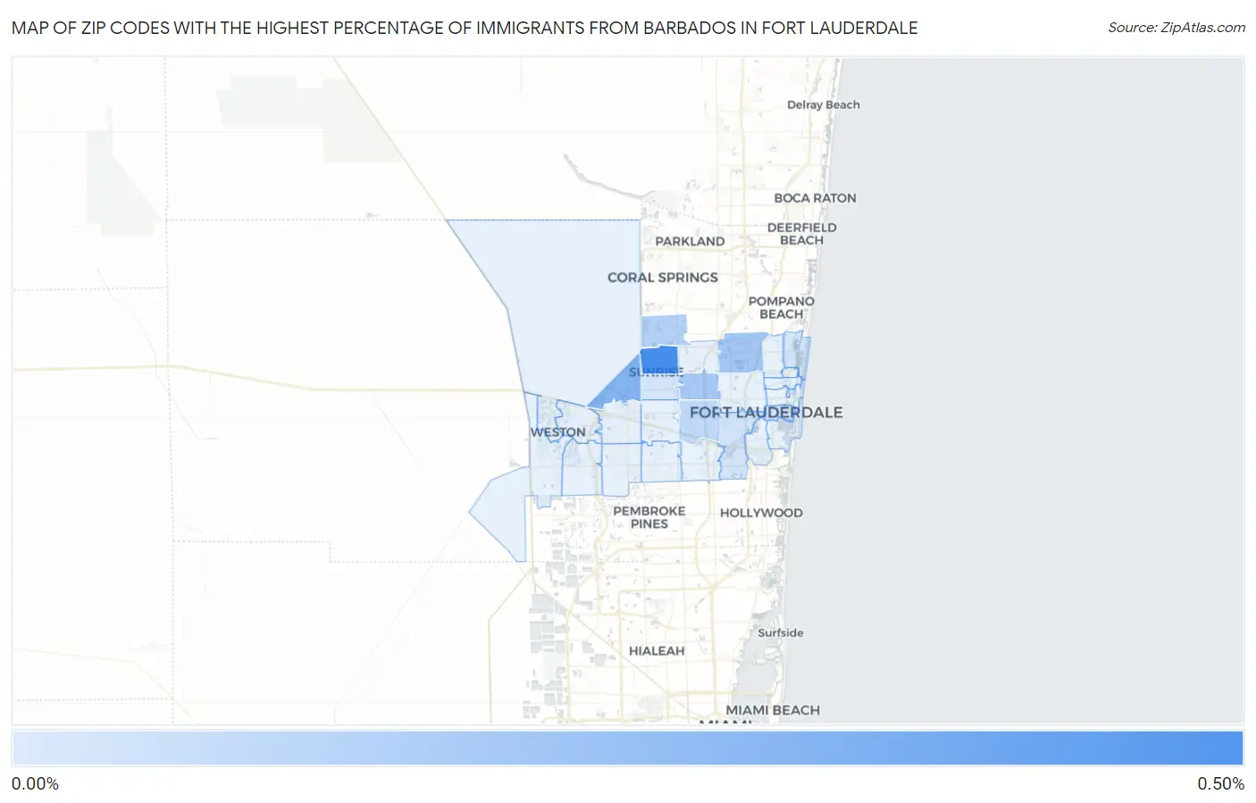 Zip Codes with the Highest Percentage of Immigrants from Barbados in Fort Lauderdale Map