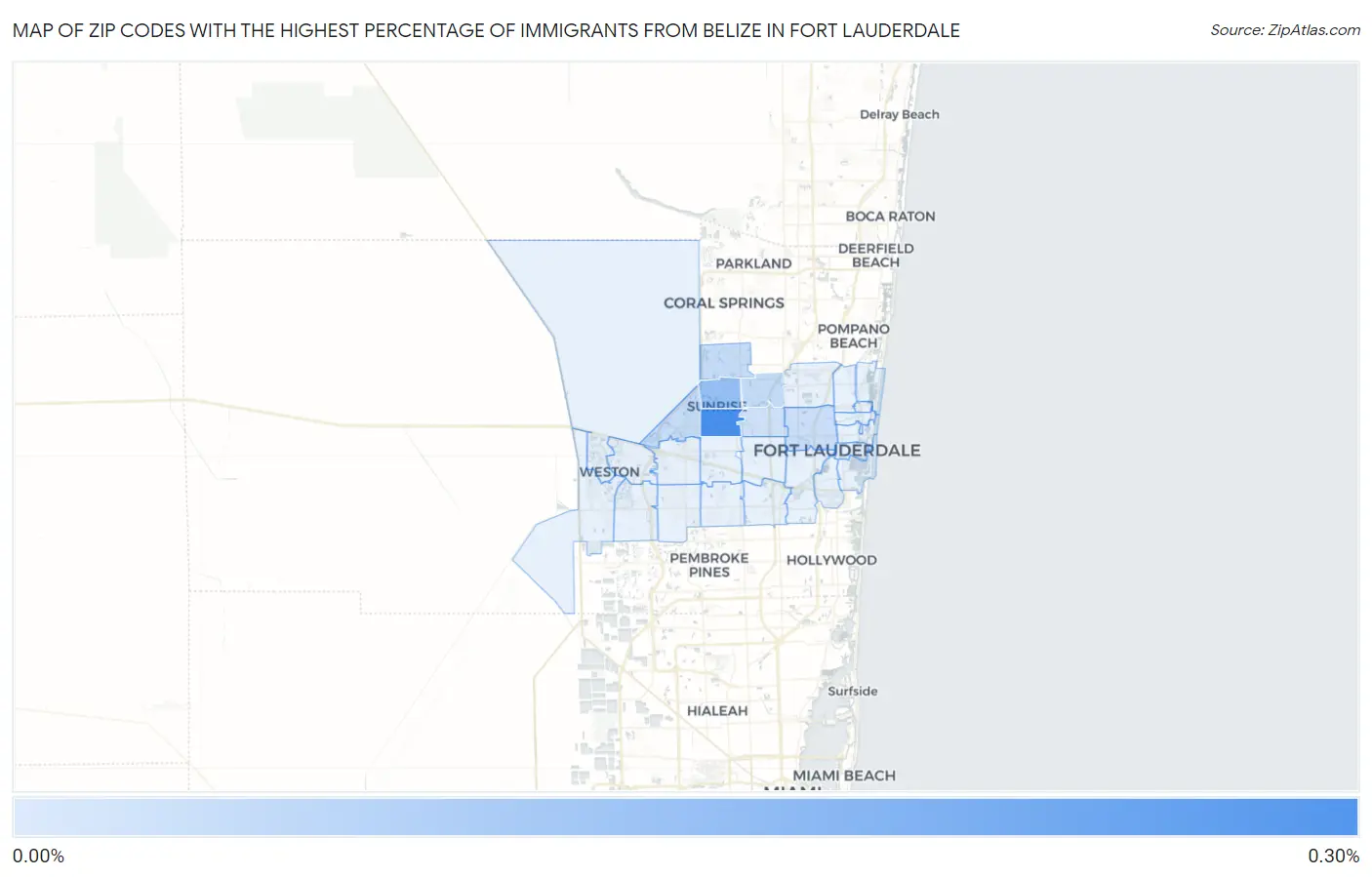Zip Codes with the Highest Percentage of Immigrants from Belize in Fort Lauderdale Map